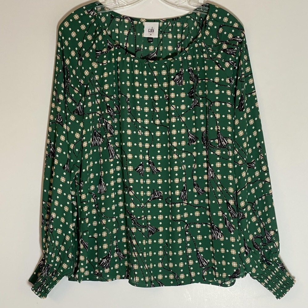 CAbi Top Womens Medium Green Polka Tassel Print Long Sleeve Round Neck Blouse